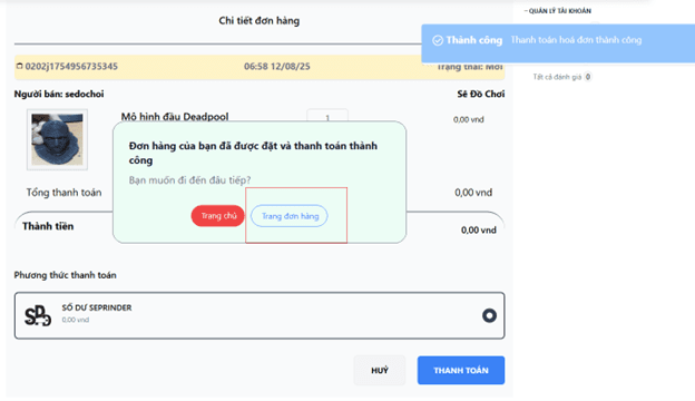 Bước 6: Vào trang đơn hàng